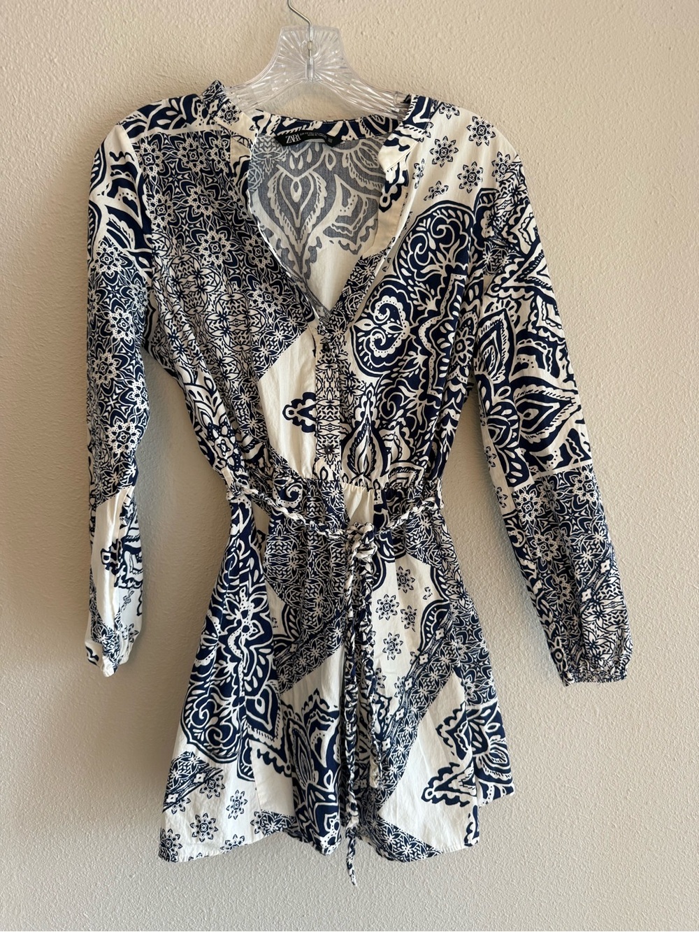 Zara Navy & White Long Sleeve Printed Wrap Dress